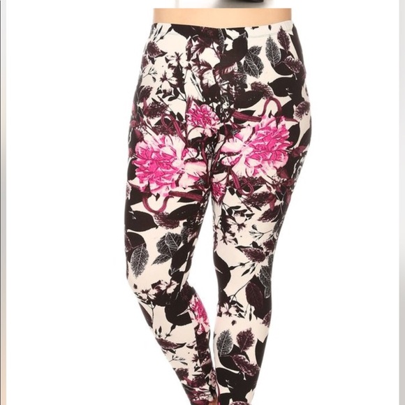 Regular & Plus Size Black and Pink Floral Leggings - Picture 4 of 6